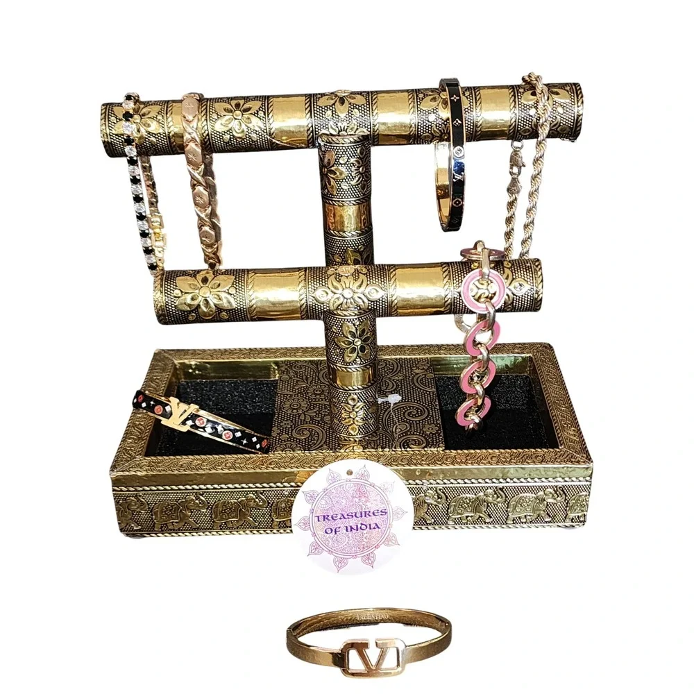 Treasures of India Gold Embossed 2-Tier T-Bar Jewelry Display Stand Organizer